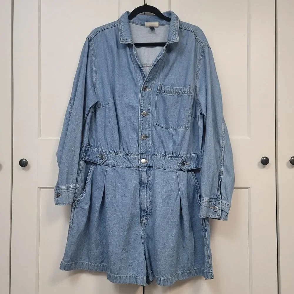 Universal Thread Long Sleeve Denim Utility Romper - Medium Wash Size 17